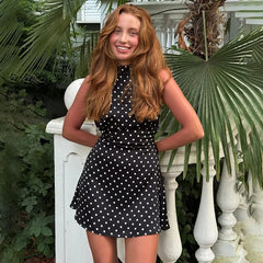 Tornova Polka Dot Halter Sleeveless Dress For Women Sexy Backless Fashion