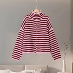 Casual Turtleneck Knitted Ribbed Sweater Women's Loose Full Sleeve