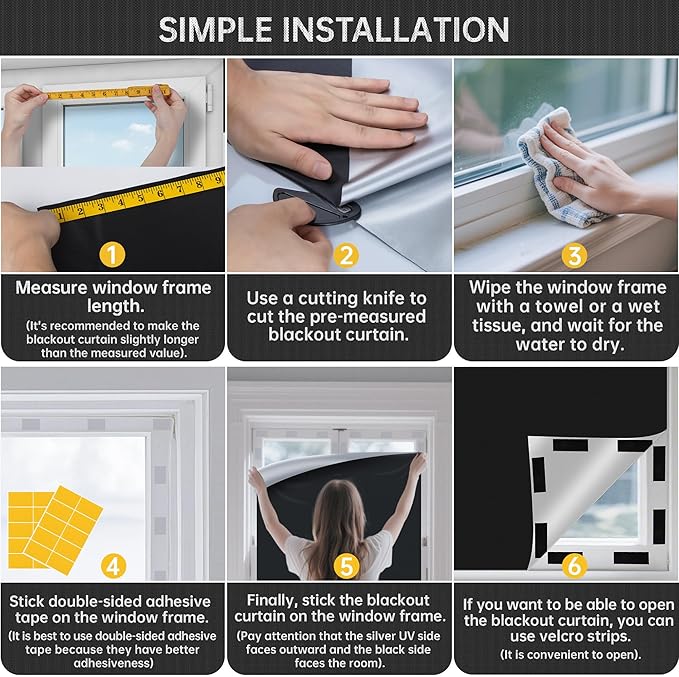 Portable 100% Blackout Blind, DlY No Drill Blinds Blackout with Strong Adhesive & Velcro for Bedroom, Nursery, Loft, RV (79" x 57")