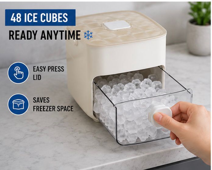 Ice Cube Tray with Lid and Bin, 48-Cube Easy Release Ice Mold | Manual Freezer Use,One-Click Press Design for Whiskey, Cocktails, Coffee