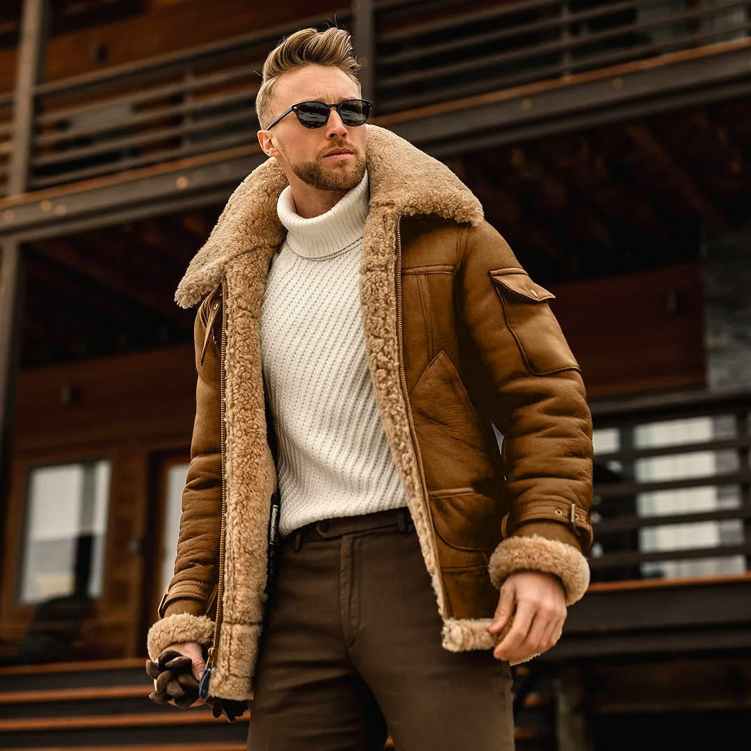 Men's Thickened Fur Collar Windproof Pu Leather Coat Male