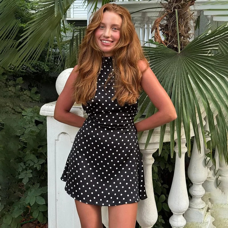 Tornova Polka Dot Halter Sleeveless Dress For Women Sexy Backless Fashion