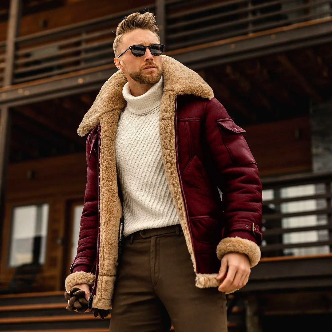Men's Thickened Fur Collar Windproof Pu Leather Coat Male
