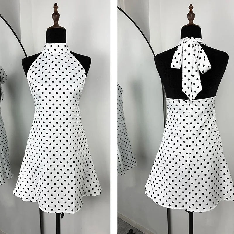 Tornova Polka Dot Halter Sleeveless Dress For Women Sexy Backless Fashion