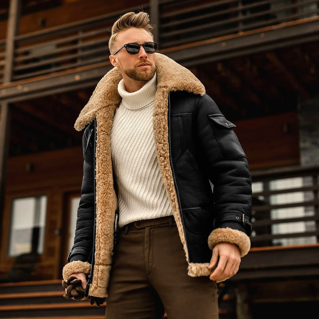 Men's Thickened Fur Collar Windproof Pu Leather Coat Male